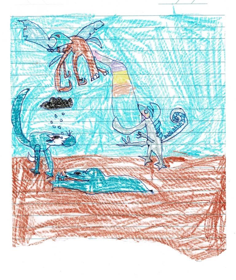 Godzilla, Muto and Skull Crawler. Painted on 30 April 2022(4.5 year old).