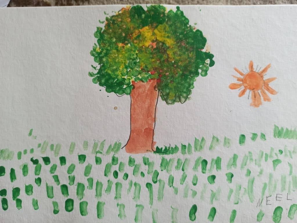 Simple water colour of Grass, trees and Sun