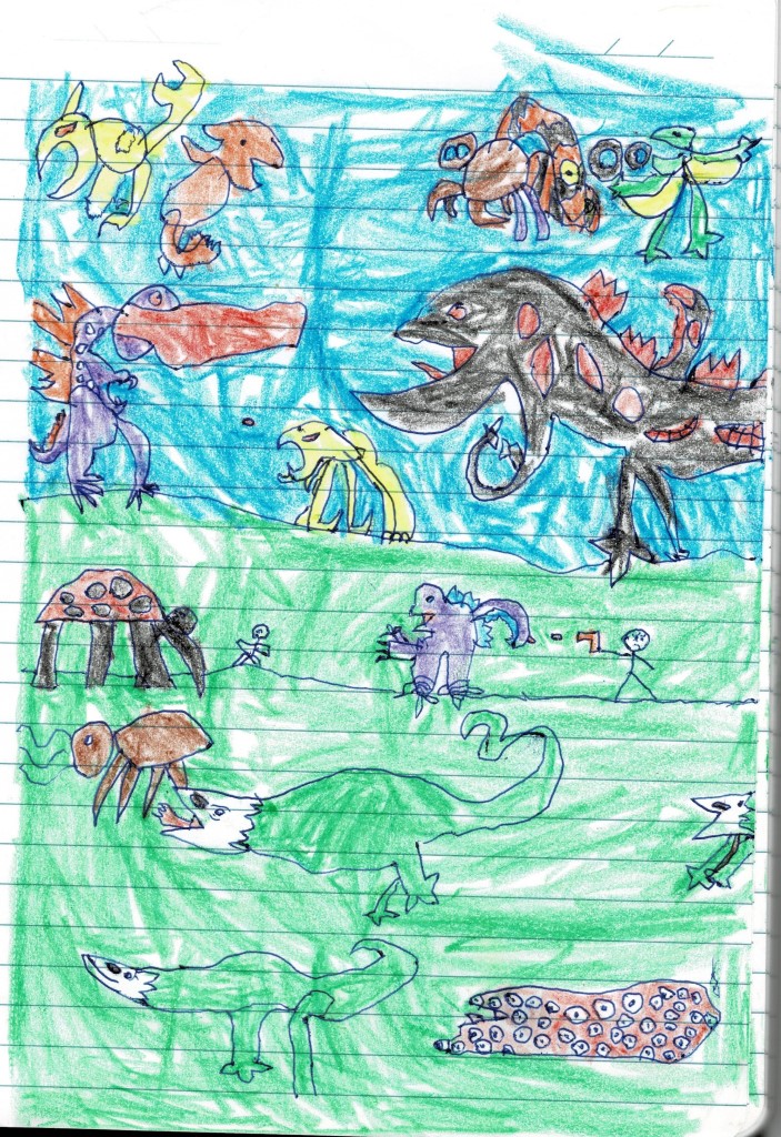 Gigan, Rodan, Mothra, Flying godzilla with dustpower, Mechagodzilla, Muto, Burning Godzilla, Monster Ladybug, a human running away from a monster, a human trying to kill the baby godzilla, Godzilla, Skull crawler, Scilla, a monster which I don't know and Skullcrawler and Mechaskullcrawler. Painted on 02 May 2022(4.5 year old)